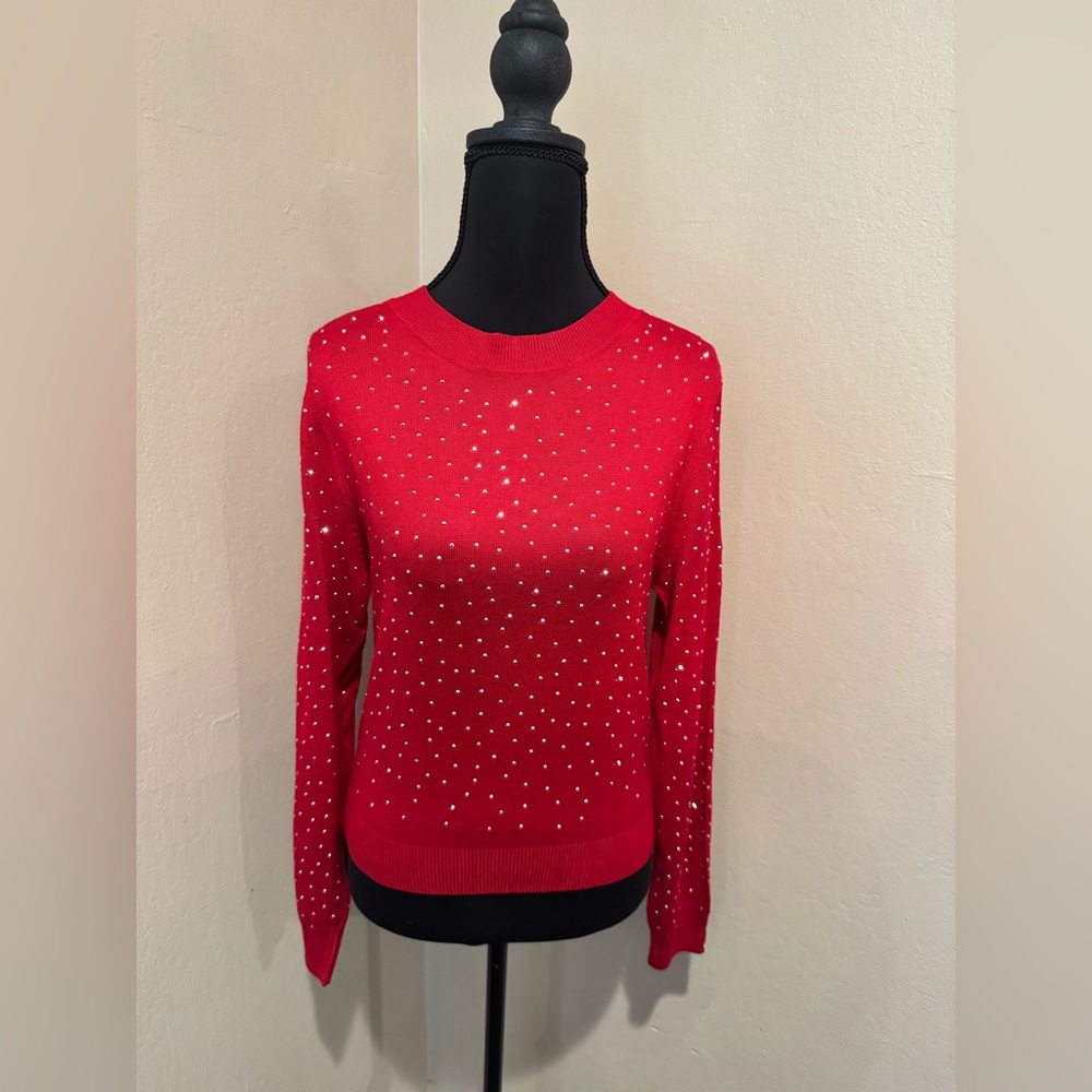 Red Sparkly Rhinestone Crewneck Sweater - Women’s Sparkle Knit